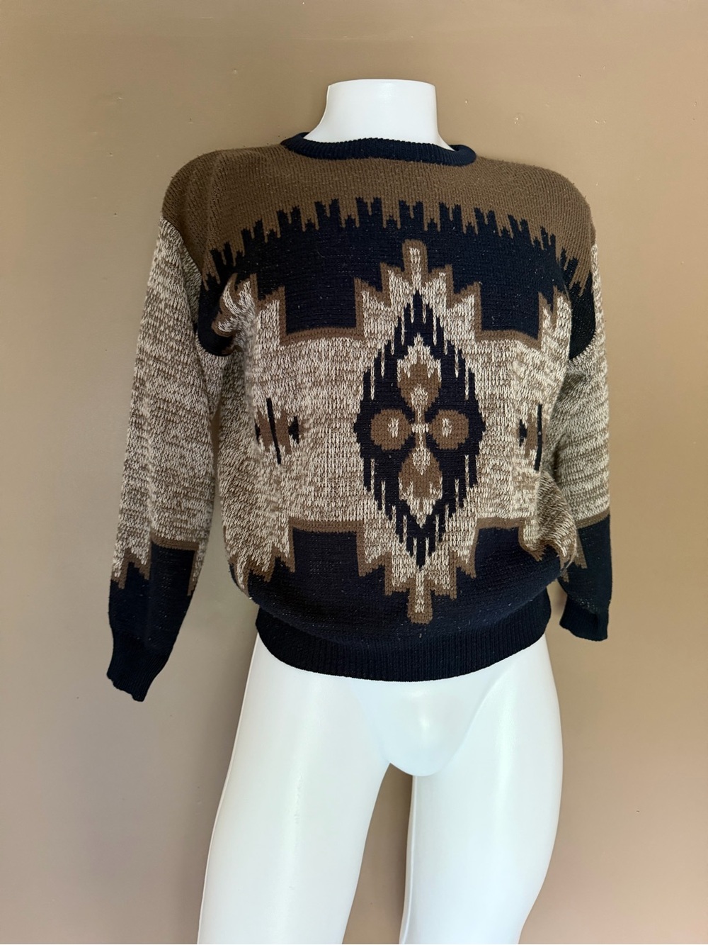 Aprico Brown and Black Geometric Crewneck Sweater